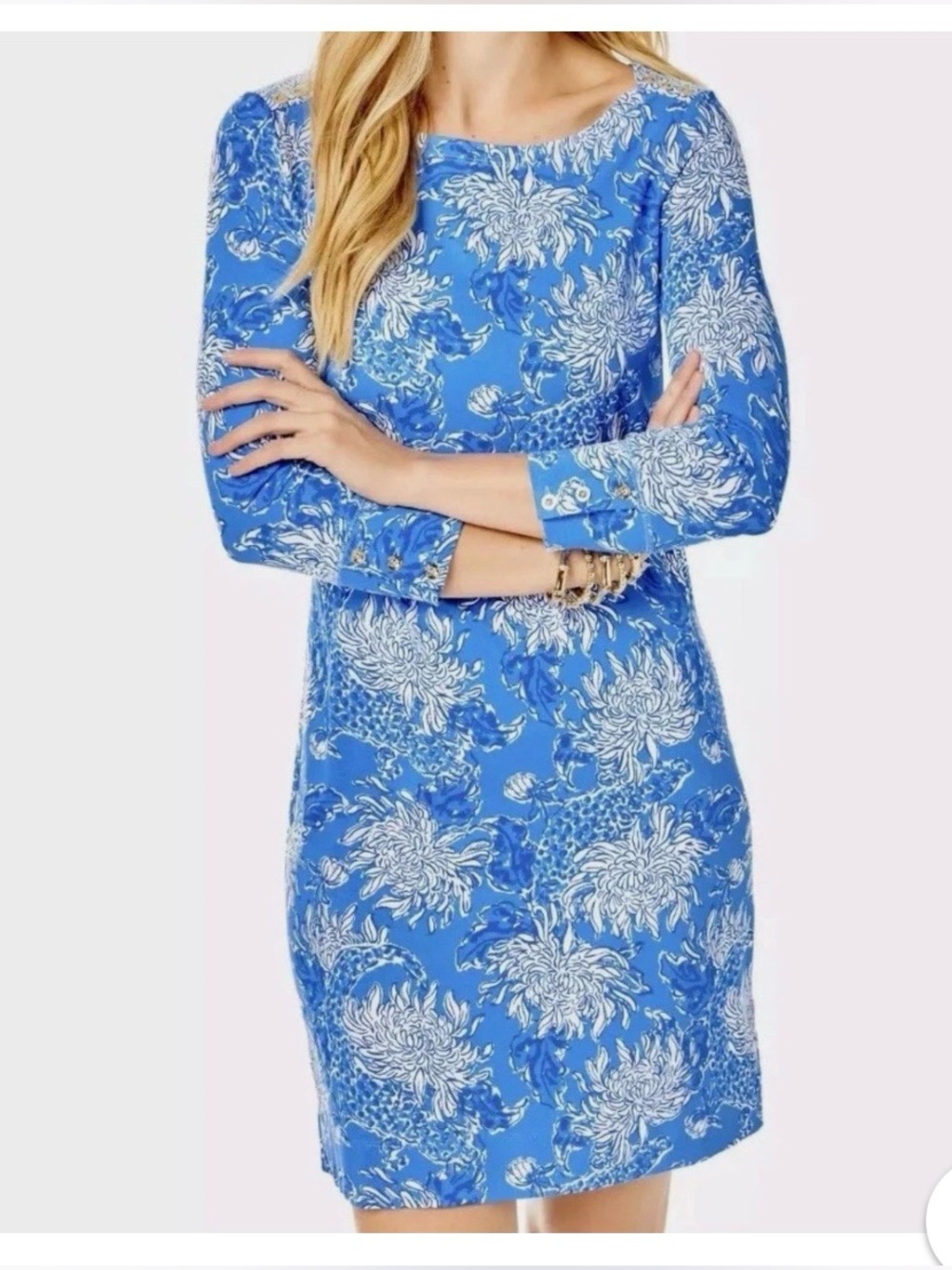 Lilly Pulitzer Blue and White Floral Long Sleeve Shift Dress